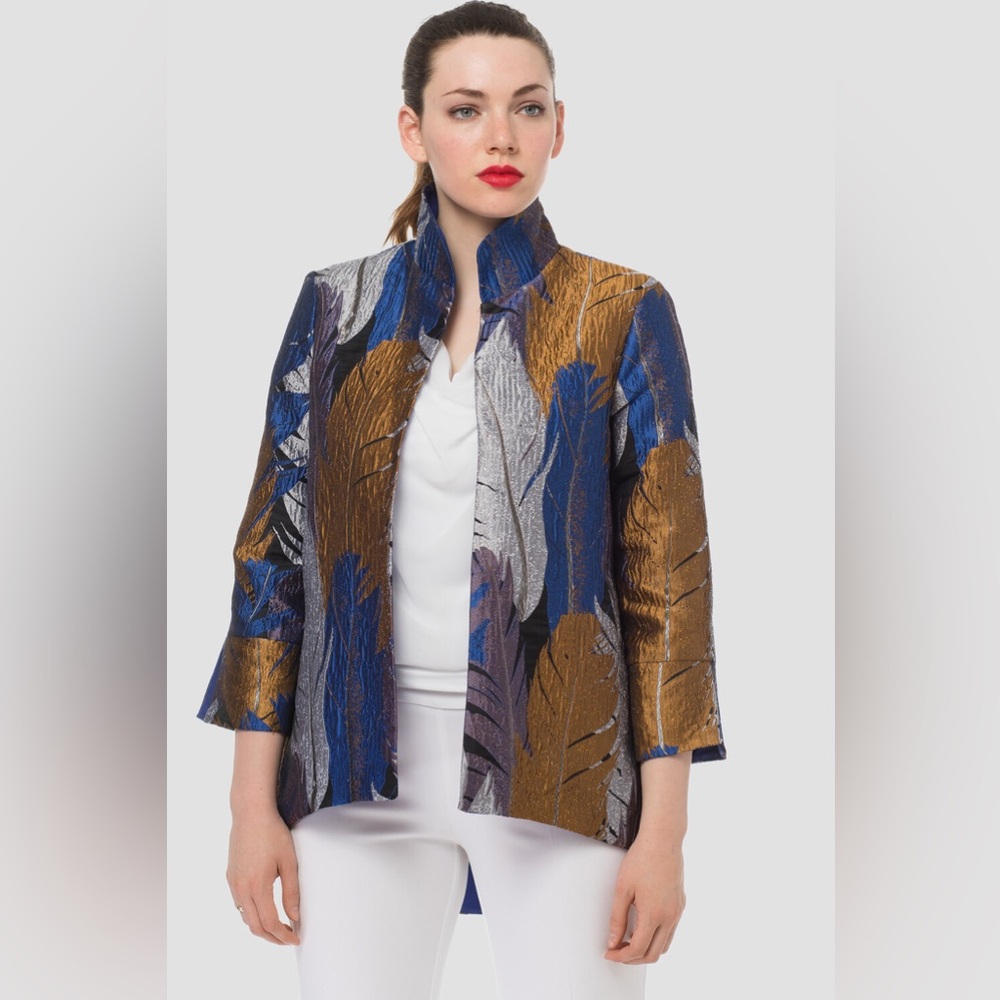 Joseph Ribkoff 183595 Art Wear Brocade Feather Open Face Lightweight Jacket.